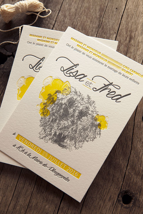 Faire-part de mariage en jaune et gris anthracite / letterpress wedding invite with bitmap images 