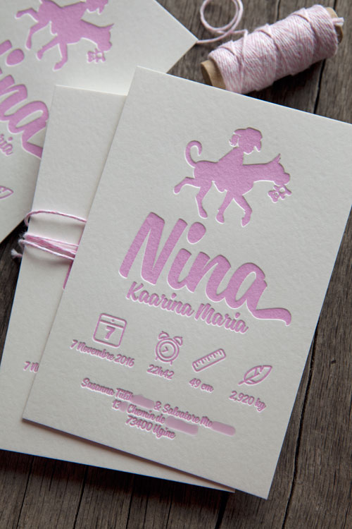Faire-part de naissance Nina en rose pastel 2365U - modèle Cocorico Letterpress personnalisable / Customizable baby girl birth announcement card in pastel pink