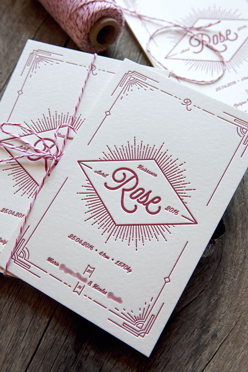 Création personnalisable Cocorico Letterpress pour carton de naissance style vintage et art déco / baby birth announcement card customizable - design Cocorico Letterpress