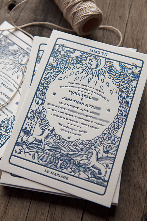 Faire-part de mariage inspiré des images du tarot / Wedding letterpress invites inspired from tarot card game / design by Jonathan Atkins and print by Cocorico Letterpress