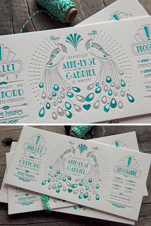 Carton de mariage en 2 couleurs avec surimpression sur buvard blanc naturel 500g / wedding letterpress invite in 2 colors