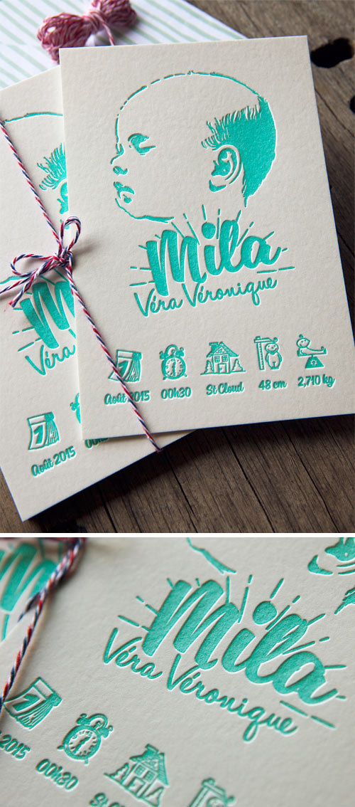 Faire-part de naissance Mila imprimé en vert menthe/ mint letterpress printed baby announcement