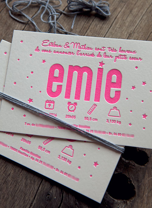 Faire-part de naissance Emie en rose fluo 806U - modèle Cocorico Letterpress personnalisable / Customizable baby girl birth announcement card in neon pink