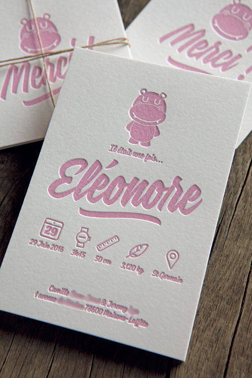 Carton de naissance Eléonore - design Cocorico Letterpress personnalisable avec hippopotame / Customizable baby birth announcement card with hippopotamus 