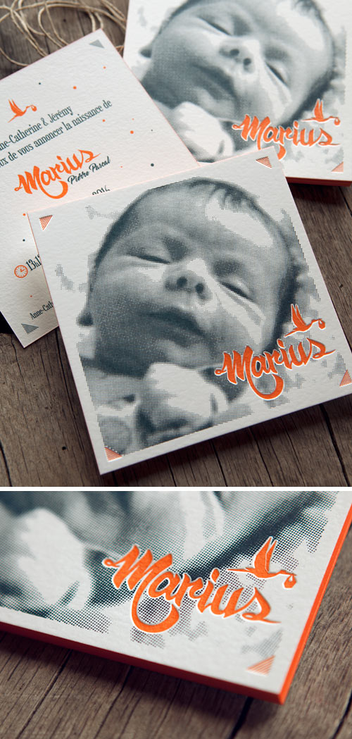 Carte de naissance avec image tramée et impression en 2 couleurs recto verso / Letterpress printed birth announcement card with half-tone baby picture / design by Jérémy Laurent