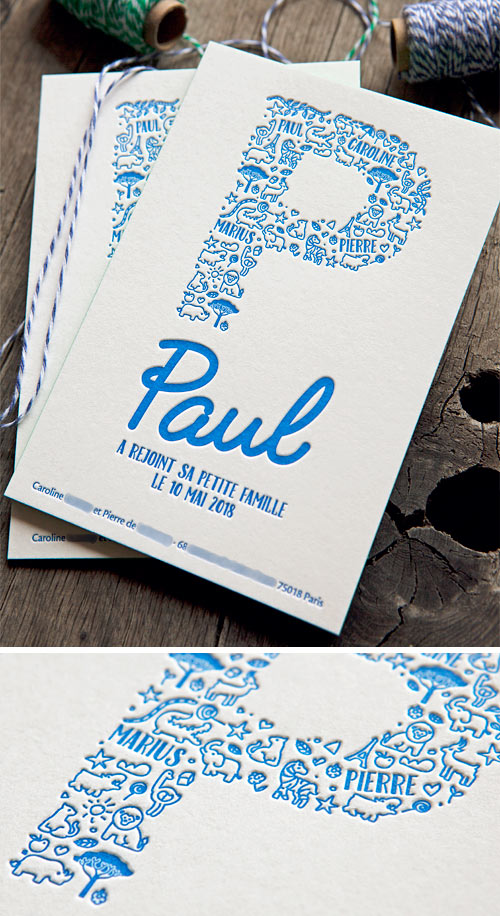 Pour un petit Paul qui vient agrandir la famille / Baby boy birth announcement card printed in electric blue by Cocorico Letterpress