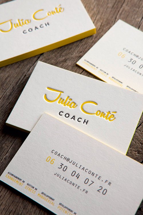 Cartes de visite impression typo jaune et noir recto verso / letterpress business cards with 2 colors onto both faces