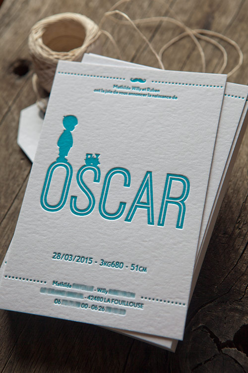 Faire-part naissance Oscar en letterpress 1 couleur / letterpress birth announcement