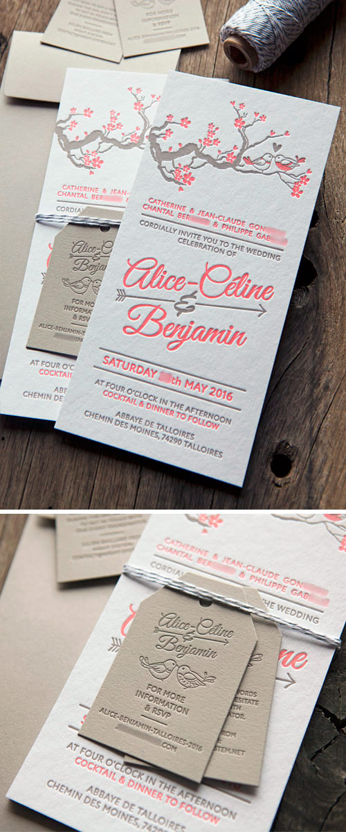 Carton invitation mariage avec étiquettes et enveloppes coordonnées / customizable letterpress wedding invite whith cherry blossom tree
