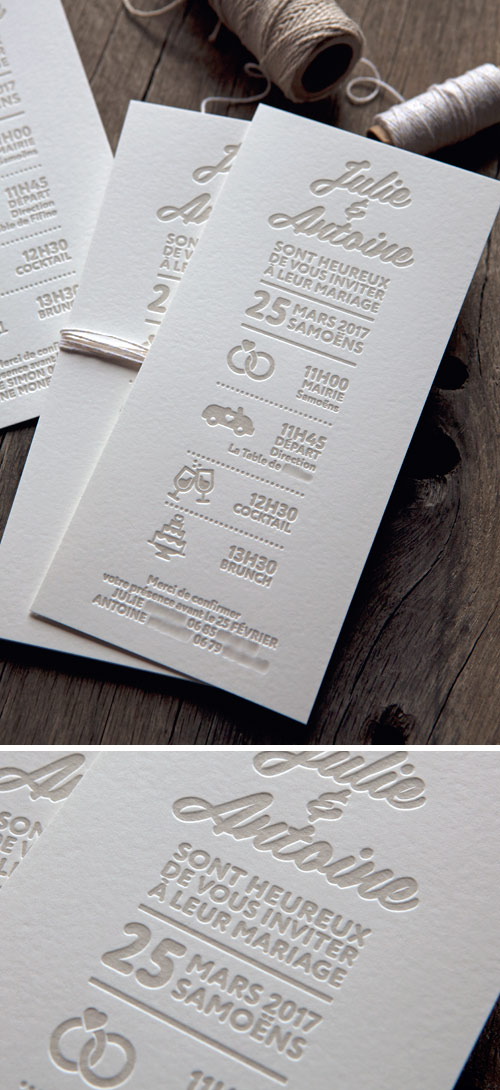 Faire-part de mariage format 10x21cm 1 couleur / classic wedding letterpress invite printed by Cocorico Letterpress