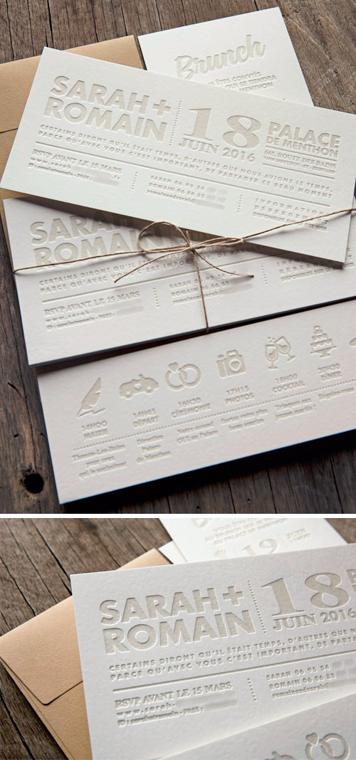 Ensemble personnalisable de cartons de mariage et brunch typographiés / customizable letterpress wedding invite with bold texts