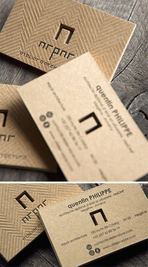 Découpe emporte-pièce et impression en noir et ton sur ton pour la deuxième série de cartes Arpar Architecture sur carton recyclé brun / Die cutting and letterpress printing onto a recycled brown paper for Arpar Architects business cards / printed by Cocorico Letterpress, designed by Arpar