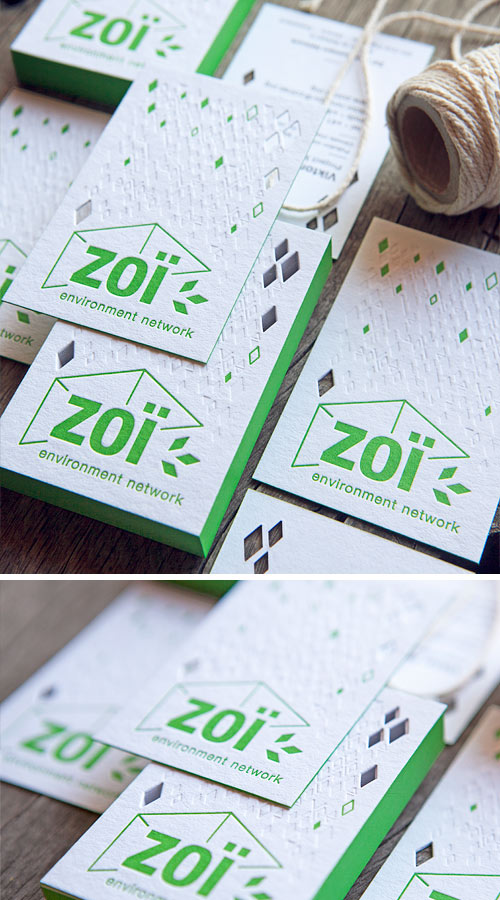 Les cartes de visite de l'agence environnementale Zoi ont été imprimées en 2 couleurs et un sans encre mais c'est la découpe des petits losanges qui a surtout représenté un défi ! / A die-cut challenge for the letterpress printed business cards of Zoï / print by Cocorico Letterpress, design by Carolyne Daniel