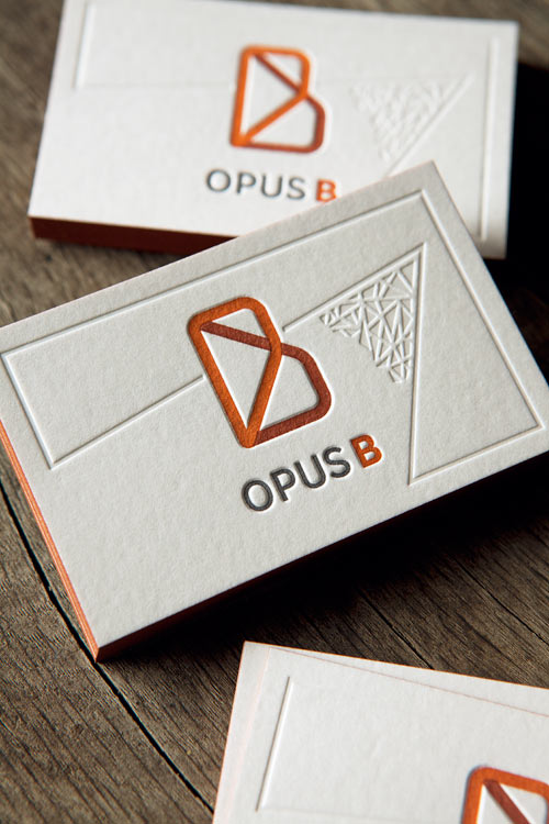 Cartes de visite restaurant Opus B, impression typo 3 couleurs et débossage à sec / letterpress business cards printed whith 3 colors and blind deboss for a new restaurant in Geneva