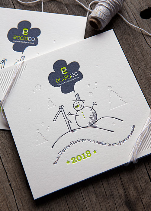 Cartes de voeux 2018 impression en 2 couleurs et sans encre // 2018 cards for Ecolopo - Cocorico Letterpress printing - design from Fanny Falgas 