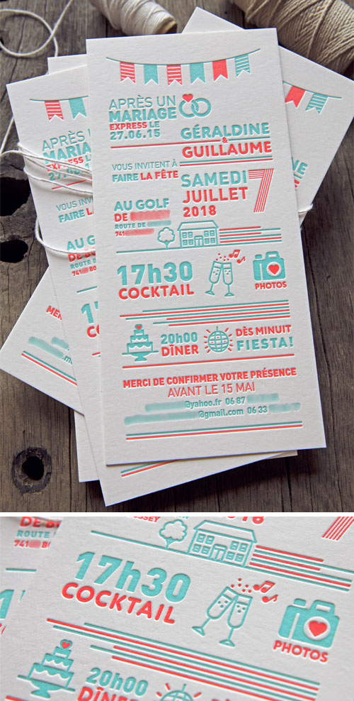 Après un mariage express, une invitation anniversaire des 3 ans d'union de Géraldine et Guillaume, créée et imprimée par l'atelier / 3rd Wedding Anniversary invite designed and printed in 2 colors by Cocorico Letterpress