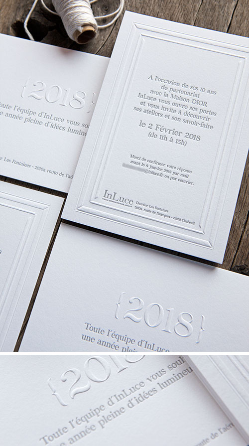 Cartes de voeux 2018 et invitations pour InLuce, impression encre argent 877U et gaufrage sur papier coton // Silver ink and blind emboss for 2018 cards and invites - Cocorico Letterpress printing