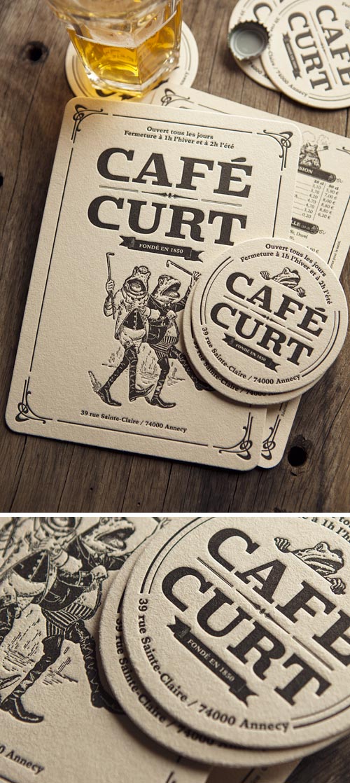 Carte des boissons et sous-bocks imprimés pour le Café Curt à Annecy - Création RL2B Design / drinks menu and coasters for a french pub 