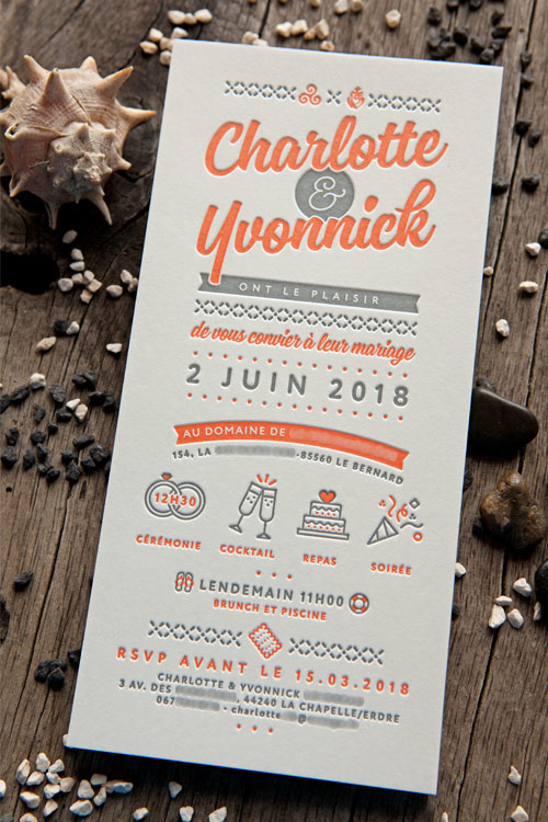 Invitation de mariage de Charlotte et Yvonnick créée et imprimée par Cocorico Letterpress / Wedding invite designed and printed in 2 colors by Cocorico Letterpress