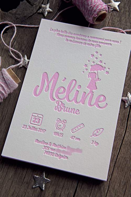 Faire-part de naissance personnalisable petite fille avec pluie d'étoiles / customizable baby birth announcement designed by Cocorico Letterpress