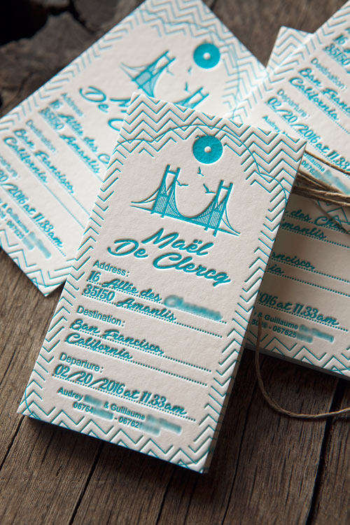 Etiquettes faire-part pour Maël - création des parents / baby announcement tag letterpress printed in turquoise