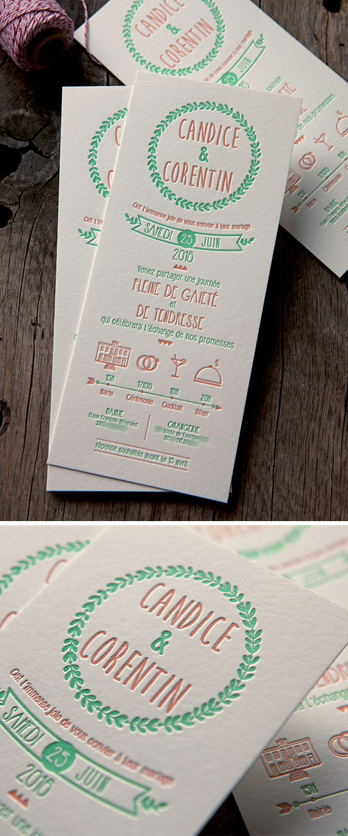 Faire-part champêtre imprimlé en 2 couleurs / 2 colors letterpress wedding invite