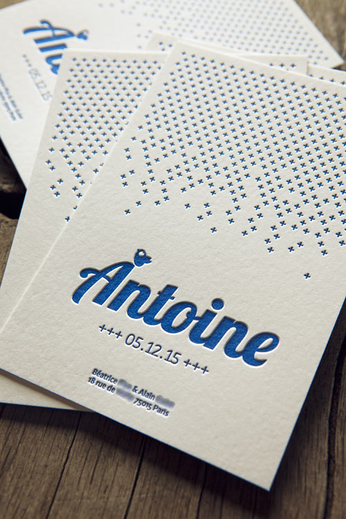 Faire-part de naissance Antoine imprimé en bleu 293U/ blue-printed letterpress baby announcement