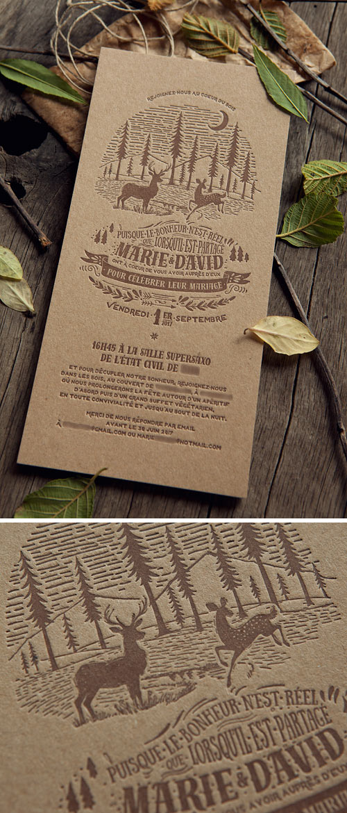 Faire-part rustique imprimé en ton sur ton sur papier recyclé brun / Custom wedding letterpress invites created and printed onto recycled paper by Cocorico Letterpress