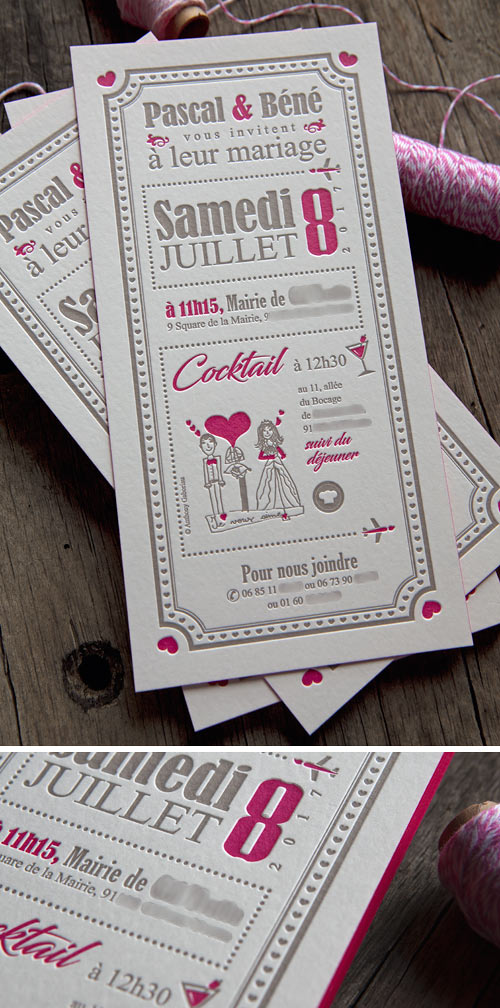 Invitation de mariage imaginée par les futurs mariés autour du dessin de leur enfant / Wedding letterpress invites printed by Cocorico Letterpress