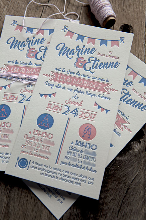 Invitation de mariage en 2 couleurs sur buvard blanc naturel 500g / wedding letterpress invite in 2 colors