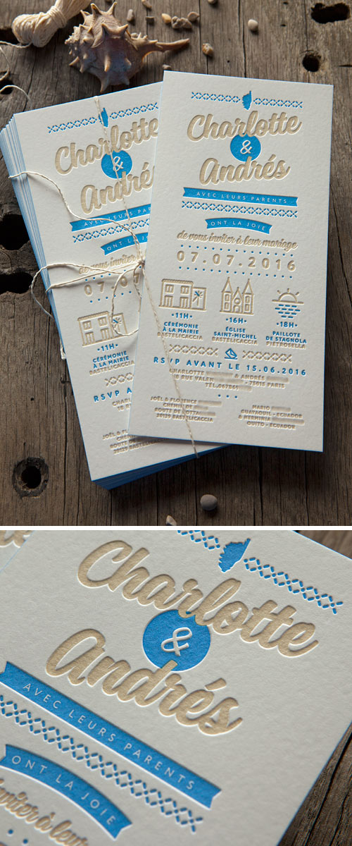 Faire-part inspiration soleil et mer de la Corse - modèle personnalisable / Cocorico Letterpress customizable letterpress wedding invite
