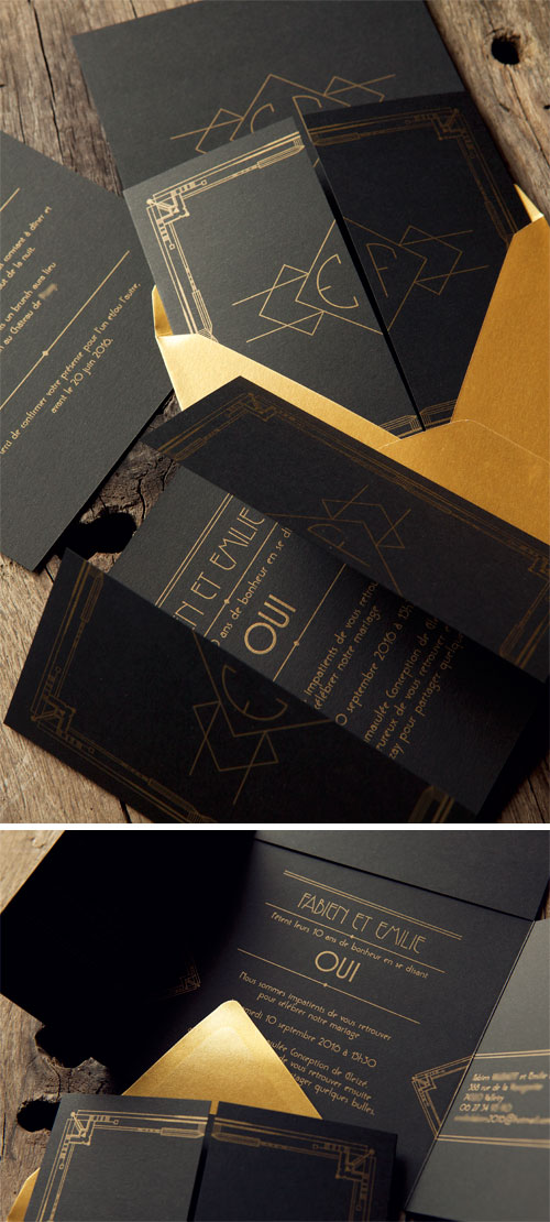 Faire-part mariage inspiration art déco avec impression dorée sur papier noir fedrigoni / wedding announcement card in metallic 871U - design Sabine Elbaz