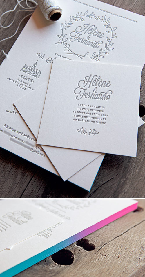 Les invitations au mariage d'Hélène et Fernando ont été imprimées en gris souris puis une tranche colorée en dégradé bleu et rose a apporté une touche de fantaisie / A one-color wedding invite embellished with a gradient blue pink edge-painting / Cocorico Letterpress