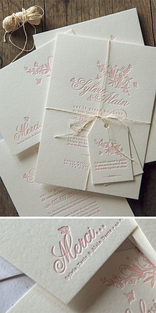 Suite faire-part de mariage avec étiquette en rose pastel, création Mes Jolis Gribouillis / letterpress wedding invite in pastel pink designed by Mes Jolis gribouillis