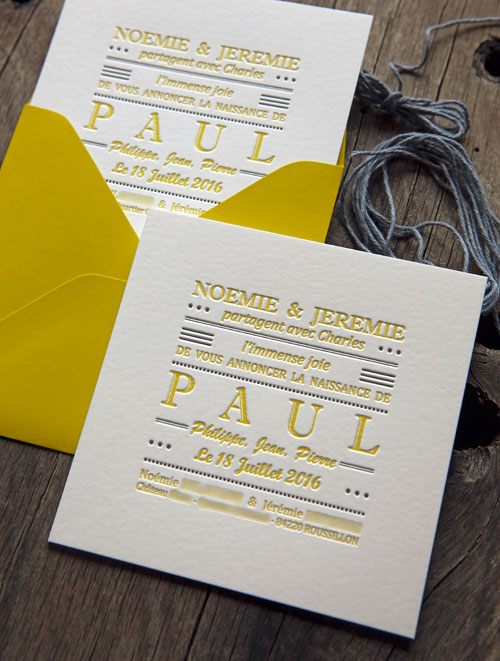 Petit faire-part carré pour Paul imprimé en 2 couleurs - réalisation Cocorico Letterpress / Baby boy birth announcement square card