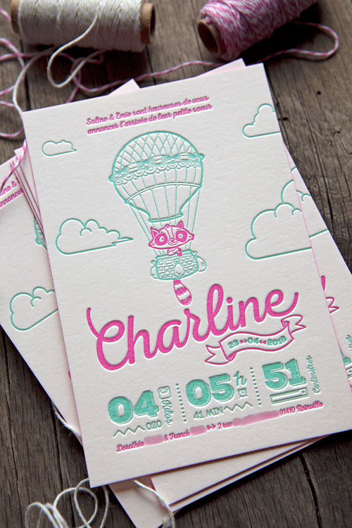 Impression en deux couleurs du faire-part de Charline créé par son papa / Baby girl birth announcement card printed in 2 colors by Cocorico Letterpress