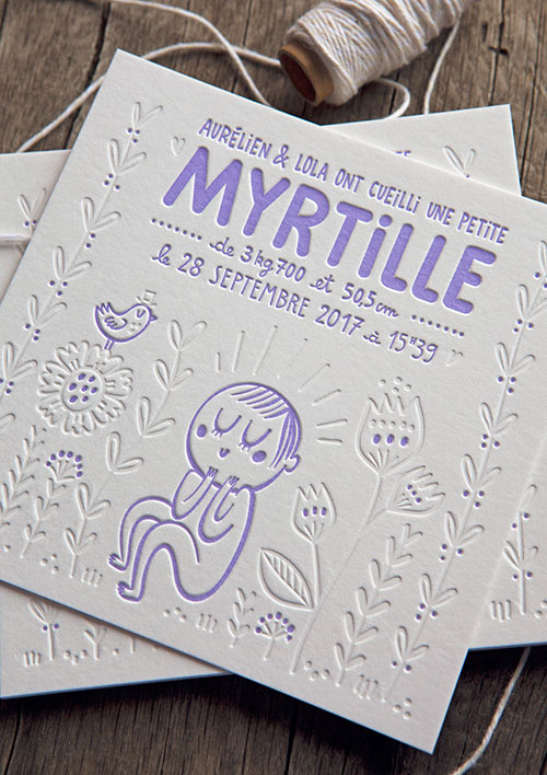 Faire-part de naissance Myrtille avec illustration réalisée par Lola Draloug / special illustration for this baby birth announcement created by the artist Lola Draloug and printed by Cocorico Letterpress