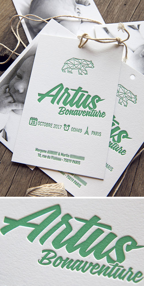 Carton de naissance Artus avec photo imprimée en numérique / Baby birth announcement card with a digital printed picture / by Cocorico Letterpress
