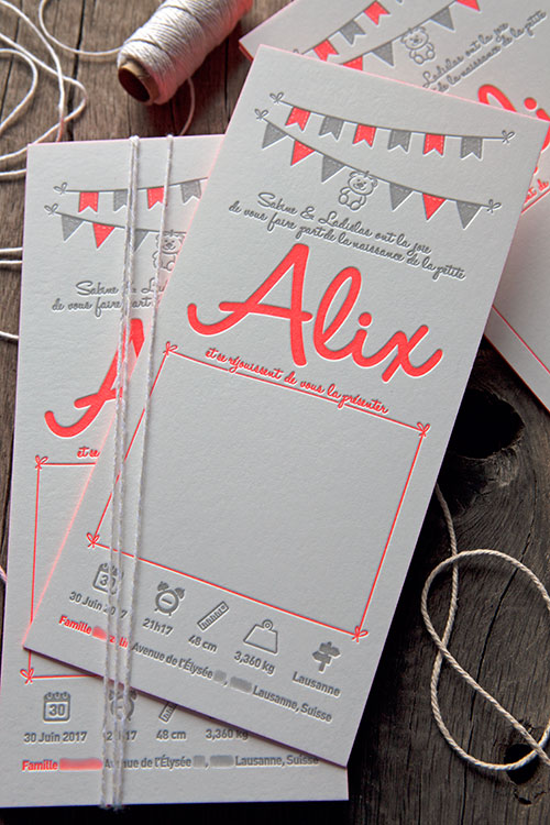 On fête l'arrivée d'Alix avec un modèle de faire-part qui permet l'ajout d'une photo / created and printed by Cocorico Letterpress