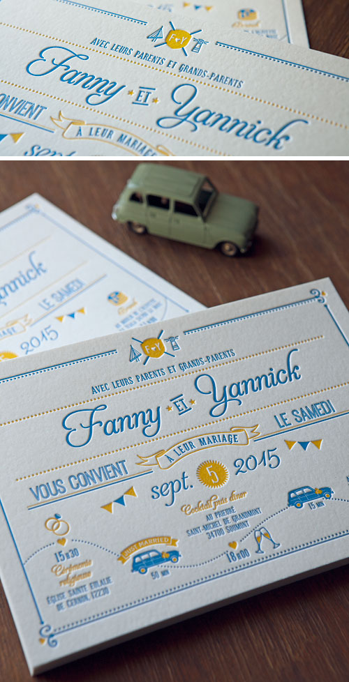 Faire-part de mariage aux couleurs pop jaune et bleu / letterpress wedding invite in a blue and yellow duo