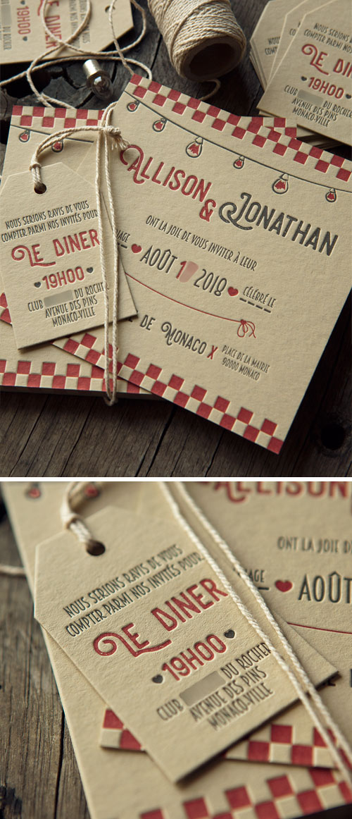 Un faire-part de mariage à l'esprit guinguette avec ses motifs à carreaux rouges et guirlandes / Wedding letterpress invites in a retro open-air cafe style / design by Allison