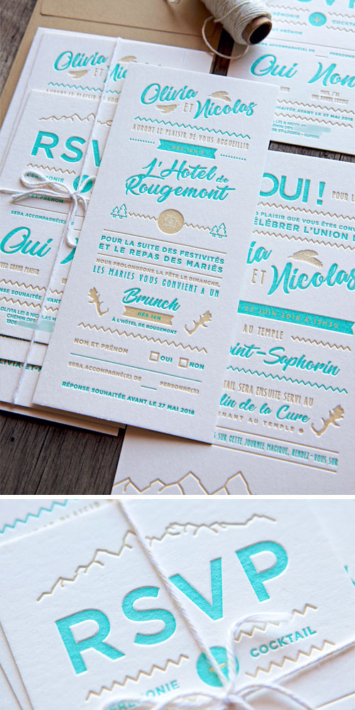 Faire-part de mariage Olivia et Nicolas en bleu turquoise clair et beige sable, créés par Julien Miscischia / Wedding  invite printed in light aqua blue and sand beige by Cocorico Letterpress