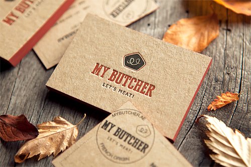 Les cartes de My Butcher ont été imprimées sur un carton reçyclé 630g avant de partir pour Dubaï / A 2-colors print for theses business cards in a kraft-like paper / printed by Cocorico Letterpress, designed by InkdropsCo