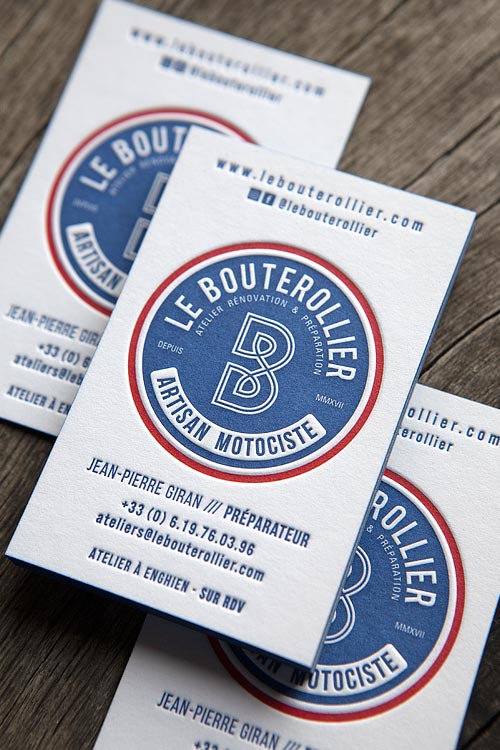 Cartes de visite pour l'atelier motociste Le Bouterollier, impression 2 couleurs / 2 colors printed by Cocorico Letterpress,  designed by Anne-Laure Perrone