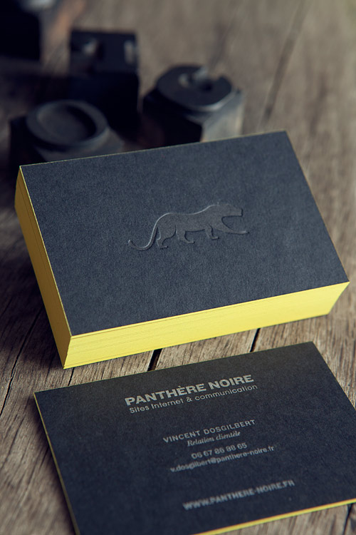 Cartes de visite impression ton sur ton et argent sur papier noir // letterpress business card in tonal on ebony black colorplan paper / design Panthère Noire