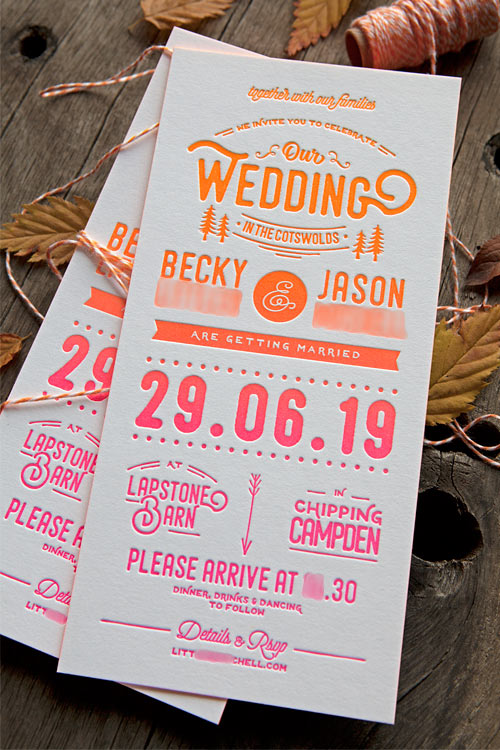 Osez les couleurs fluo pour votre faire-part de mariage, il restera dans les mémoires de vos invités ! / A neon split fountain wedding invite that nobody will forgot / Design and print by Cocorico Letterpress