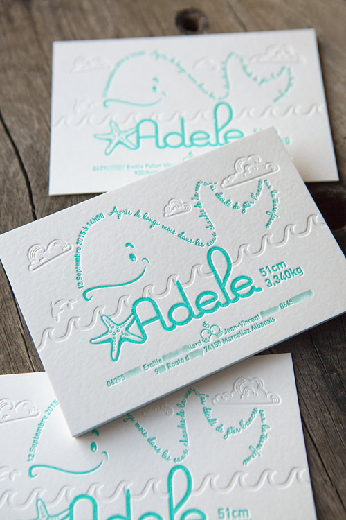 Faire-part de naissance mint et débossage à sec / letterpress birth announcement printed in mint whith a blind deboss