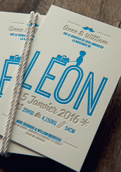 Faire-part Léon en 2 couleurs feutre 500g / letterpress baby announcement printed by Cocorico Letterpress
