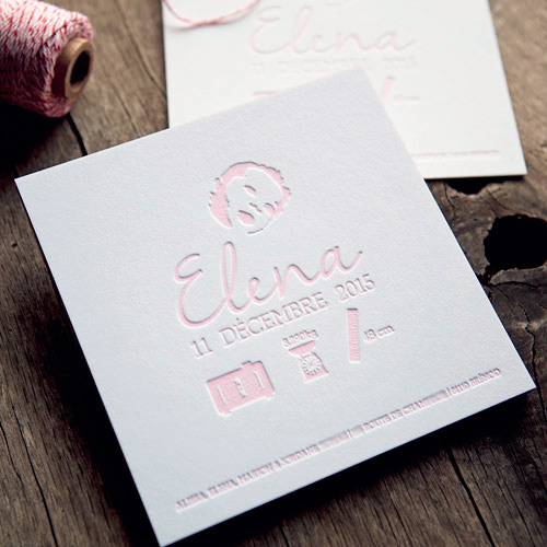Carte de naissance impression letterpress rose quartz papier coton / letterpress birth announcement in roze quartz panton color of the year 2016