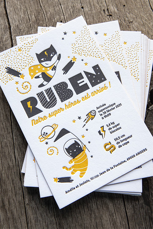 Illustration faire-part garçon Ruben, pourdre de mica // Ruben boy birth announcement illustration, mica powder printed by Cocorico Letterpress